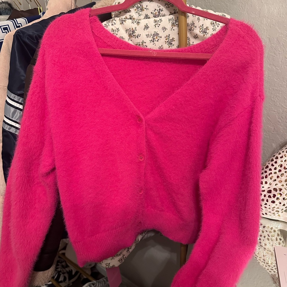 HOT PINK FUZZY CARDIGAN